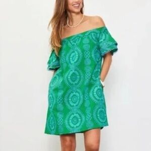 Anthropologie Skies Are Blue Small Embroidered Blue Off Shoulder Dress Pockets